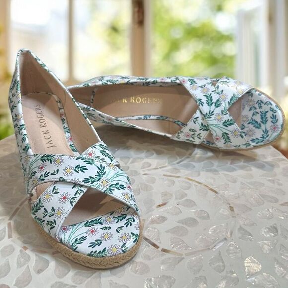 JACK ROGERS  Leather Palmer Woven Jute Espadrille Wedge Sandal White - Picture 2 of 16